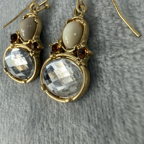 Gold-Tone Dangle Earrings With Faceted Clear & Cream Stones Pierced Womens - Picture 3 of 13